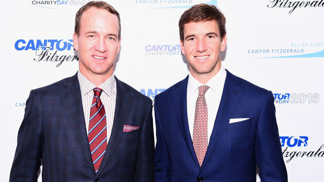 NEW YORK, NY - SEPTEMBER 12: Former NFL player Peyton Manning and NY Giants, NFL player Eli Manning attend the Annual Charity Day hosted by Cantor Fitzgerald, BGC and GFI at Cantor Fitzgerald on September 12, 2016 in New York City.