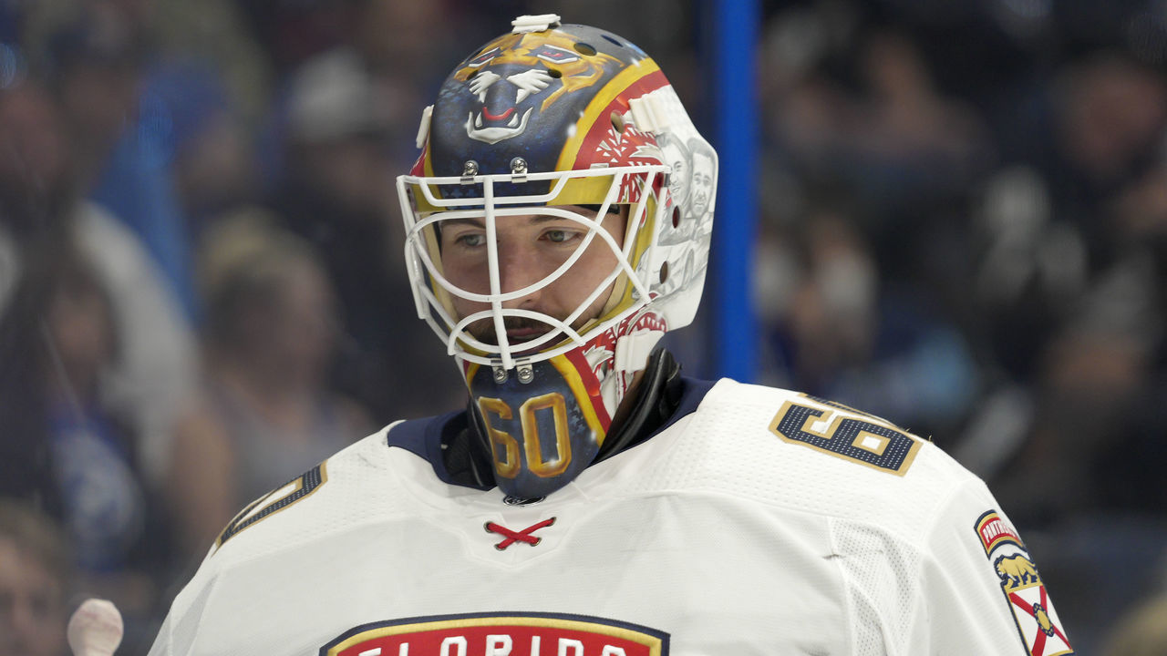 TAMPA, FL - MAY 22: Florida Panthers goaltender Chris Driedger (60) during the NHL Hockey Stanley Cup playoff match between the Tampa Bay Lightning and Florida Panthers on May 22, 2021 at Amalie Arena in Tampa, FL.
