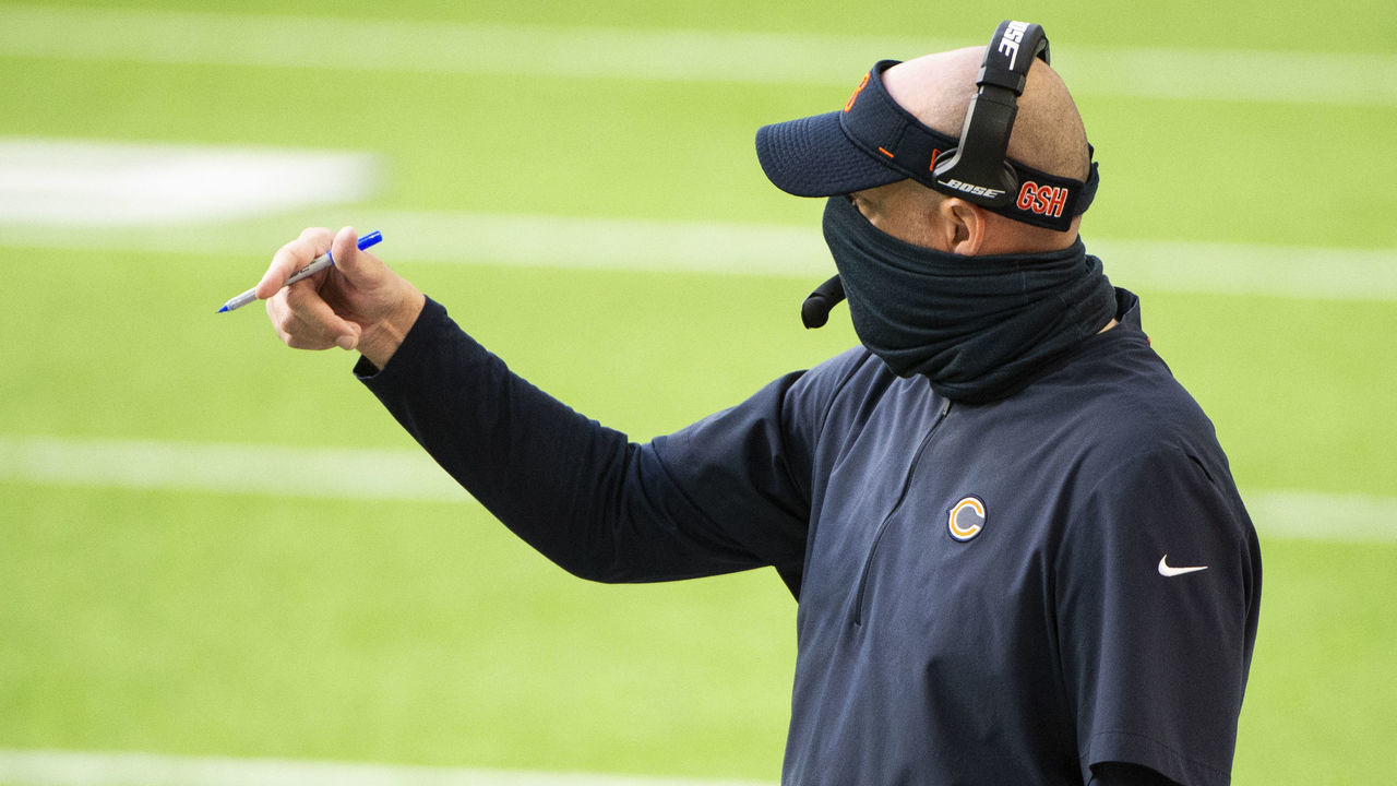MINNEAPOLIS, MN - DECEMBER 20: Chicago Bears head coach Matt Nagy calls to his team in the second quarter of the game against the Minnesota Vikings at U.S. Bank Stadium on December 20, 2020 in Minneapolis, Minnesota.