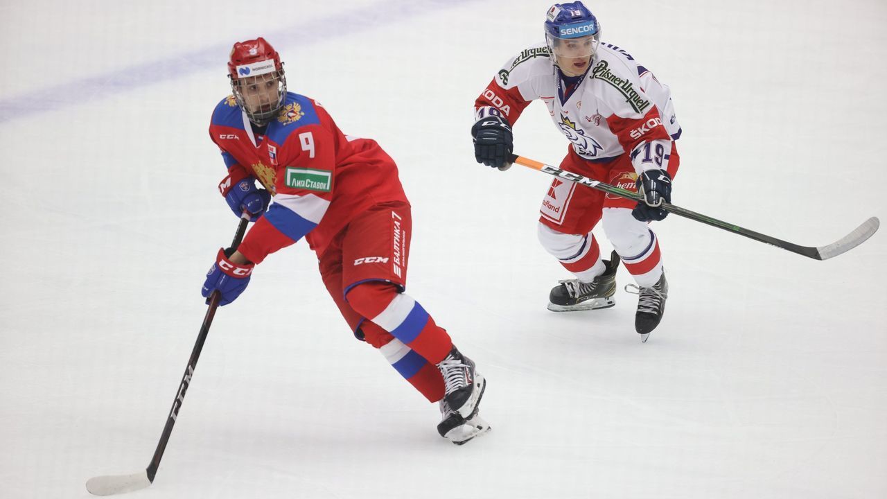 Russia's Nikita Chibrikov (L) and Czech Republic's Petr Kodytek during Euro Hockey Tour between Russia and Czech Republic on February 14, 2021, at Malmoe Arena in Sweden.