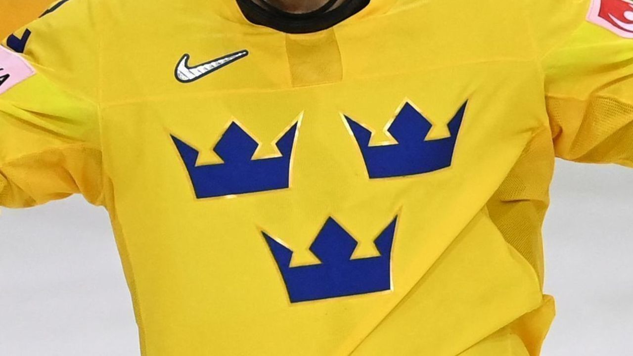 Sweden's forward Max Friberg reacts during the IIHF Men's Ice Hockey World Championships preliminary round group A match between Sweden and Slovakia, at the Olympic Sports Center in Riga, Latvia, on May 30, 2021.