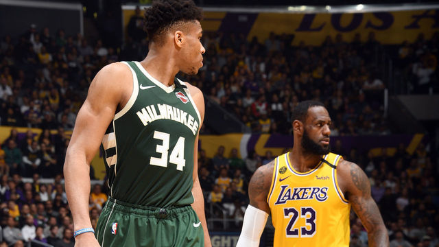 LOS ANGELES, CA - MARCH 6: Giannis Antetokounmpo #34 of the Milwaukee Bucks and LeBron James #23 of the Los Angeles Lakers look on during the game on March 6, 2020 at STAPLES Center in Los Angeles, California. NOTE TO USER: User expressly acknowledges and agrees that, by downloading and/or using this Photograph, user is consenting to the terms and conditions of the Getty Images License Agreement. Mandatory Copyright Notice: Copyright 2020 NBAE