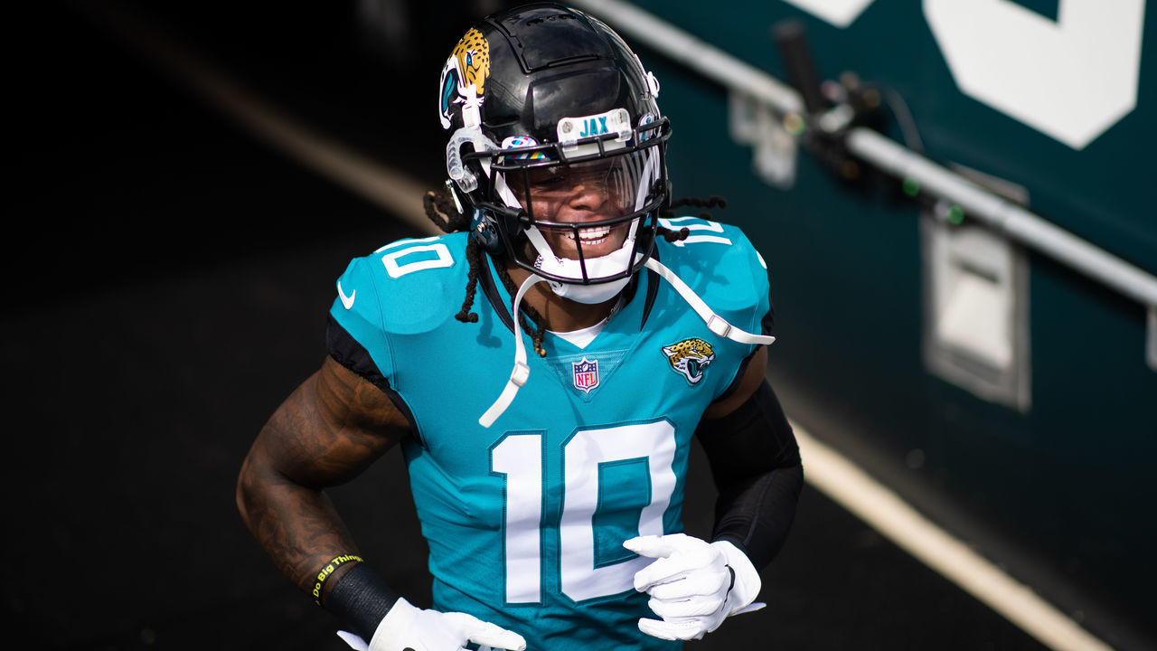 JACKSONVILLE, FLORIDA - OCTOBER 18: Laviska Shenault Jr. #10 of the Jacksonville Jaguars enters the field before the start of the game against the Detroit Lions at TIAA Bank Field on October 18, 2020 in Jacksonville, Florida.