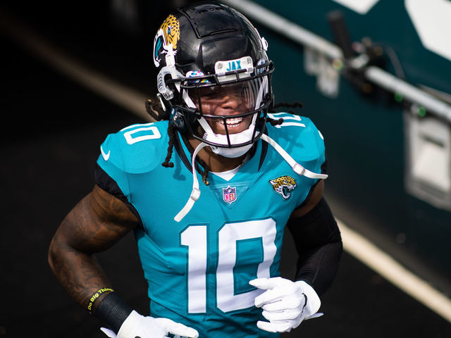 JACKSONVILLE, FLORIDA - OCTOBER 18: Laviska Shenault Jr. #10 of the Jacksonville Jaguars enters the field before the start of the game against the Detroit Lions at TIAA Bank Field on October 18, 2020 in Jacksonville, Florida.