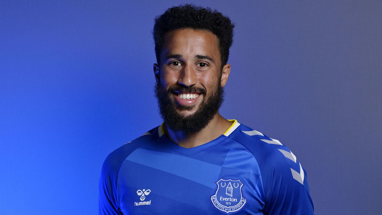 HALEWOOD, ENGLAND - JULY 20 (EXCLUSIVE COVERAGE) Andros Townsend poses for a photo after signing for Everton at USM Finch Farm on July 20 2021 in Halewood, England.
