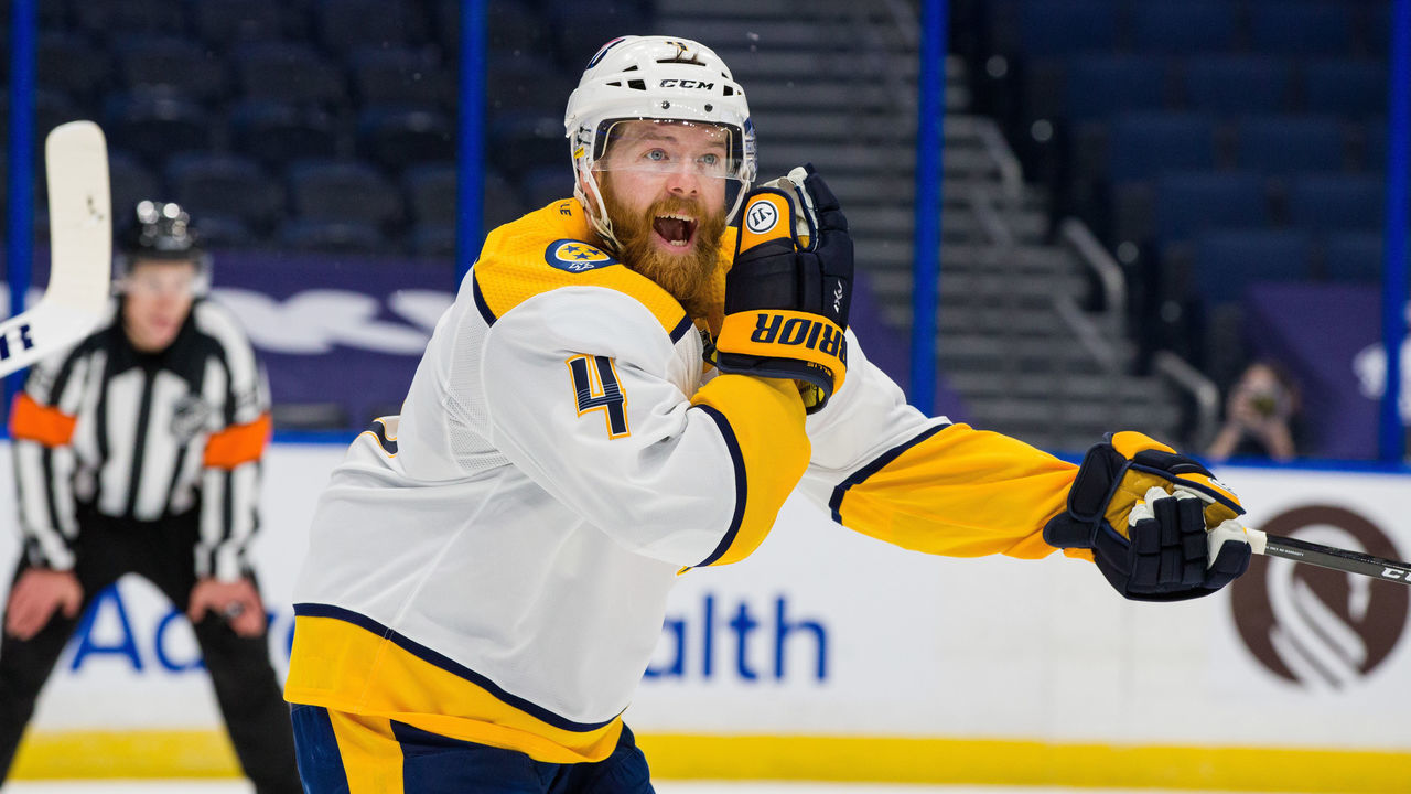 TAMPA, FL - JANUARY 30: Ryan Ellis #4 of the Nashville Predators skates against the Tampa Bay Lightning during the first period at Amalie Arena on January 30, 2021 in Tampa, Florida.