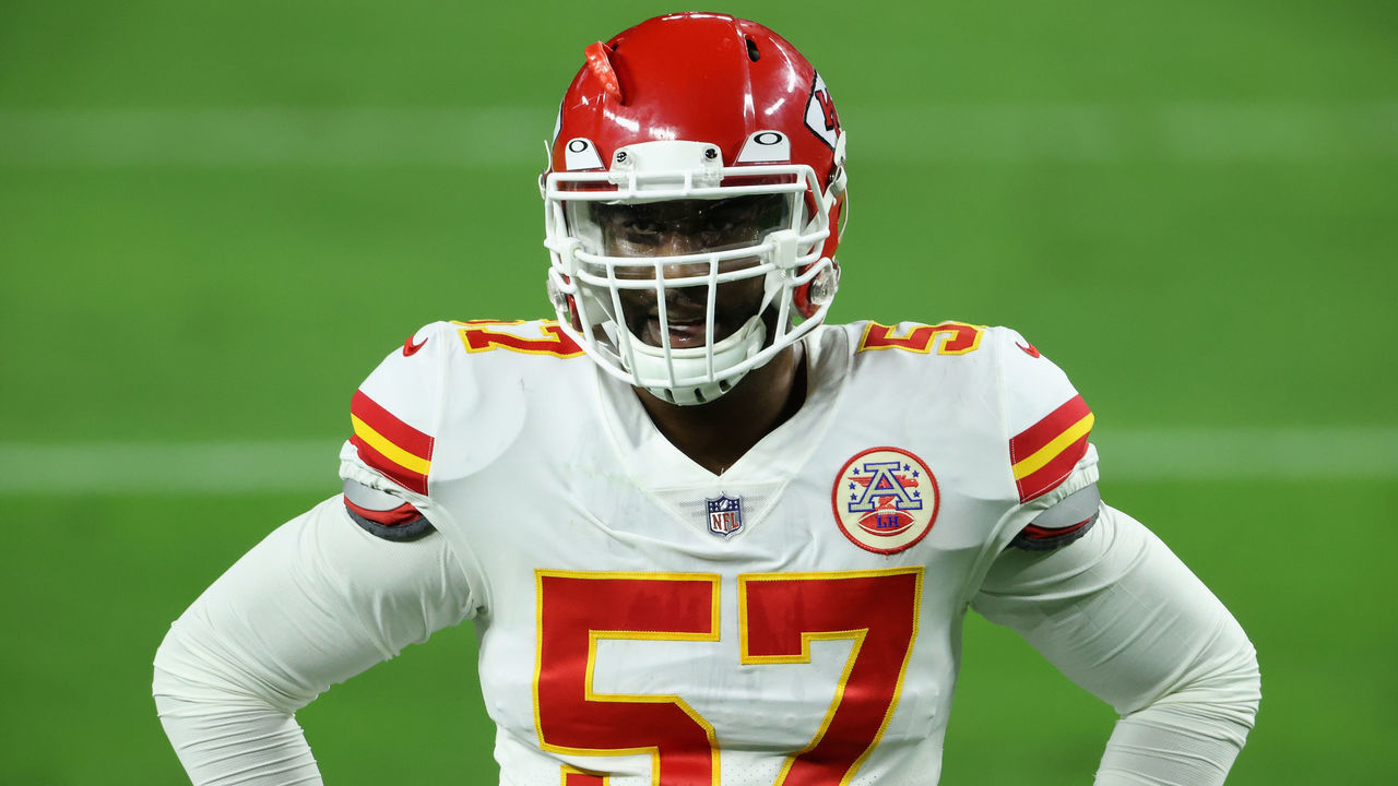 LAS VEGAS, NEVADA - NOVEMBER 22: Defensive end Alex Okafor #57 of the Kansas City Chiefs warms up before the NFL game against the Las Vegas Raiders at Allegiant Stadium on November 22, 2020 in Las Vegas, Nevada. The Chiefs defeated the Raiders 35-31.