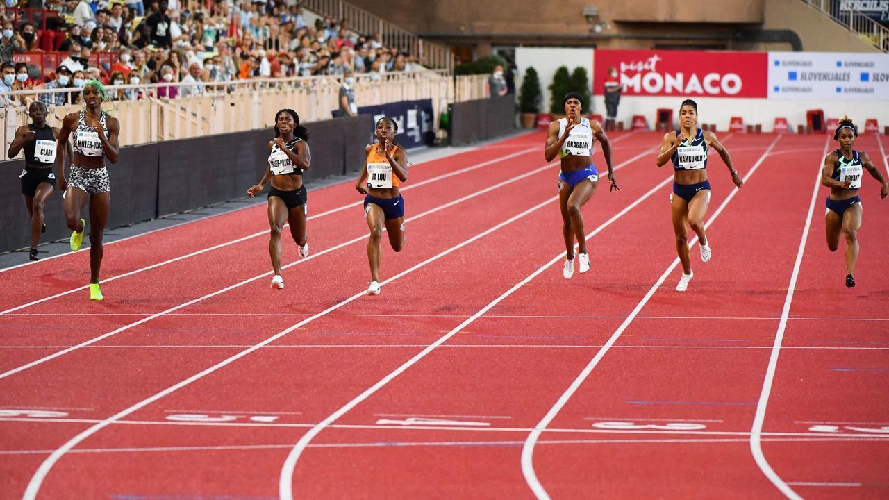 (From L) US Tamara Clark, Bahamas' Shaunae Miller-Uibo, Jamaica's Shelly-Ann Fraser-Pryce, Ivory Coast's Marie-Josee Ta Lou, Nigeria's Blessing Okagbare, Switzerland's Mujinga Kambundji and US Dezerea Bryant compete in the Women's 200m during the IAAF Diamond League competition on July 9, 2021 in Monaco.