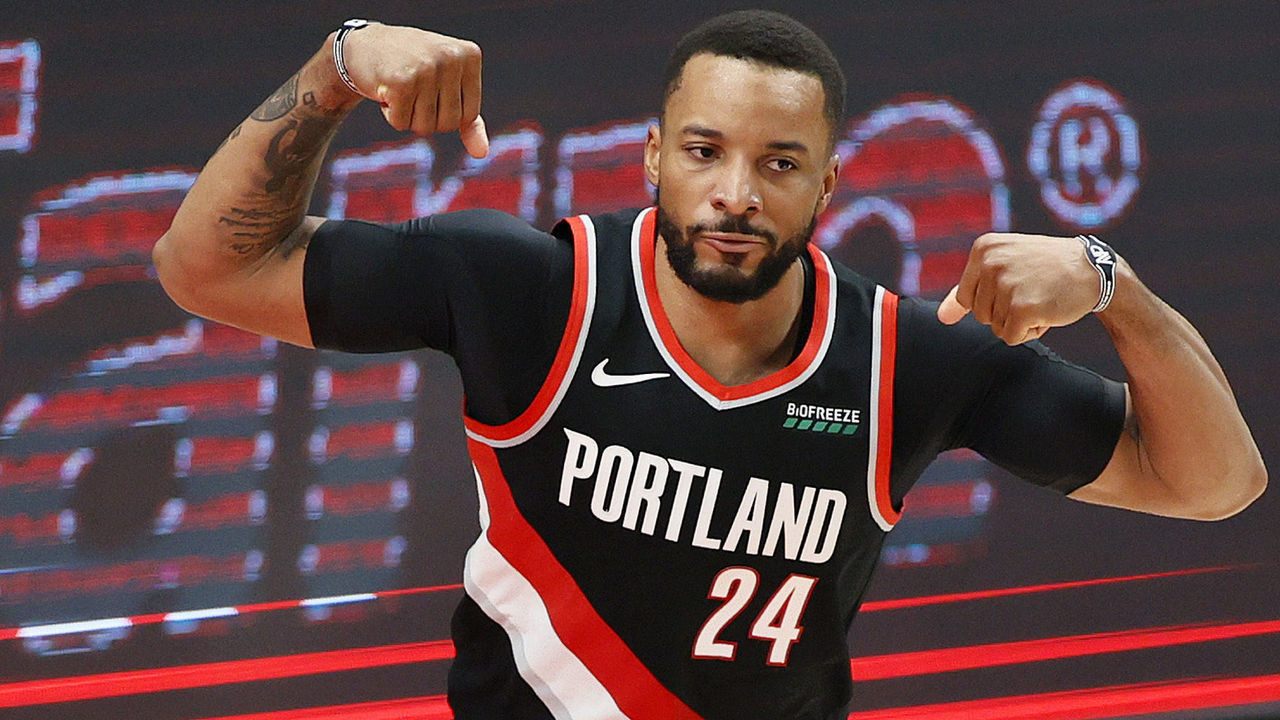 PORTLAND, OREGON - MAY 29: Norman Powell #24 of the Portland Trail Blazers flexes after his basket against Nikola Jokic #15 of the Denver Nuggets in the third quarter during Round 1, Game 4 of the 2021 NBA Playoffs at Moda Center on May 29, 2021 in Portland, Oregon.