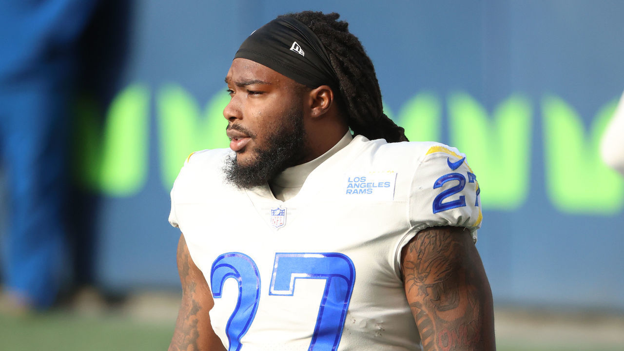 SEATTLE, WASHINGTON - DECEMBER 27: Darrell Henderson #27 of the Los Angeles Rams looks on before their game against the Seattle Seahawks at Lumen Field on December 27, 2020 in Seattle, Washington.