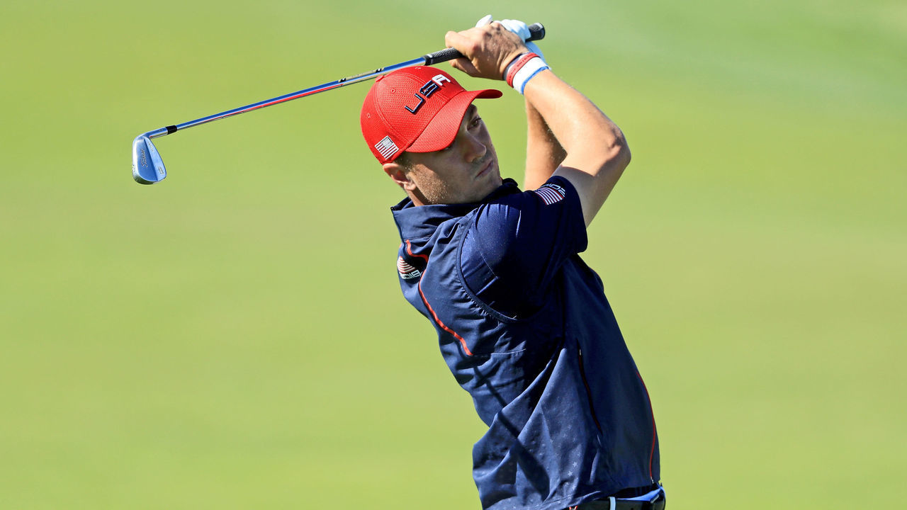 PARIS, FRANCE - SEPTEMBER 30: Justin Thomas of the United States plays his second shot on the 10th hole in his match against Rory McIlroy of the European Team during singles matches of the 2018 Ryder Cup at Le Golf National on September 30, 2018 in Paris, France.