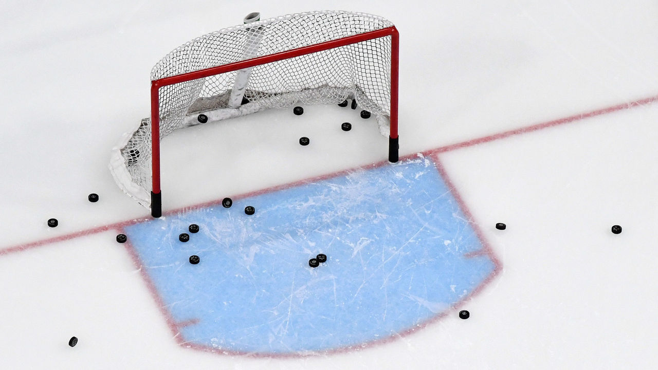 LAS VEGAS, NEVADA - MARCH 01: Pucks are shown in and around a net during warmups before a game between the Los Angeles Kings and the Vegas Golden Knights at T-Mobile Arena on March 1, 2020 in Las Vegas, Nevada.