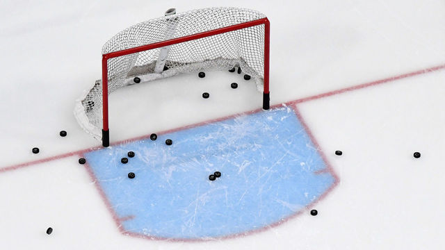 LAS VEGAS, NEVADA - MARCH 01: Pucks are shown in and around a net during warmups before a game between the Los Angeles Kings and the Vegas Golden Knights at T-Mobile Arena on March 1, 2020 in Las Vegas, Nevada.