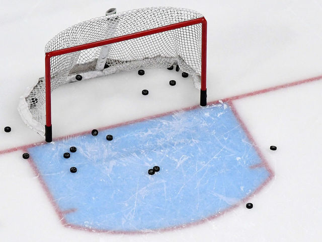 LAS VEGAS, NEVADA - MARCH 01: Pucks are shown in and around a net during warmups before a game between the Los Angeles Kings and the Vegas Golden Knights at T-Mobile Arena on March 1, 2020 in Las Vegas, Nevada.