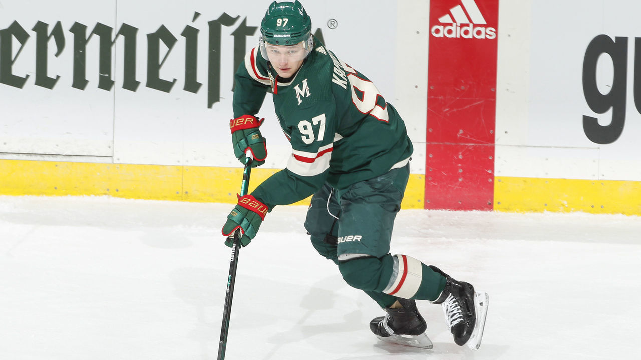 SAINT PAUL, MN - APRIL 17: Kirill Kaprizov #97 of the Minnesota Wild skates with the puck against the San Jose Sharks during the game at the Xcel Energy Center on April 17, 2021 in Saint Paul, Minnesota.