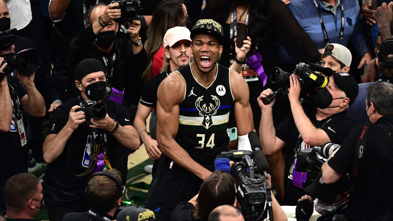 MILWAUKEE, WI - JULY 20: Giannis Antetokounmpo #34 of the Milwaukee Bucks celebrates after the game against the Phoenix Suns during Game Six of the 2021 NBA Finals on July 20, 2021 at the Fiserv Forum in Milwaukee, Wisconsin. Mandatory Copyright Notice: Copyright 2021 NBAE .