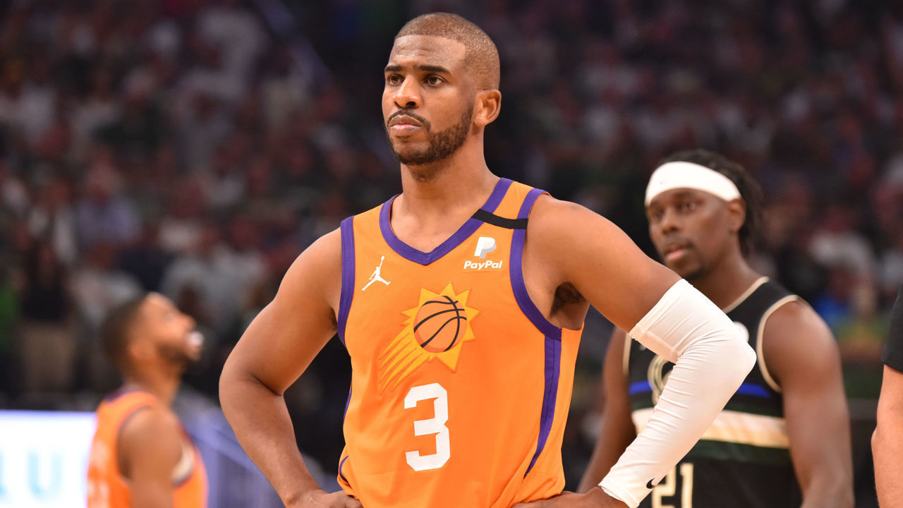 MILWAUKEE, WI - JULY 20: Chris Paul #3 of the Phoenix Suns looks on during Game Six of the 2021 NBA Finals on July 20, 2021 at Fiserv Forum in Milwaukee, Wisconsin. NOTE TO USER: User expressly acknowledges and agrees that, by downloading and/or using this Photograph, user is consenting to the terms and conditions of the Getty Images License Agreement. Mandatory Copyright Notice: Copyright 2021 NBAE