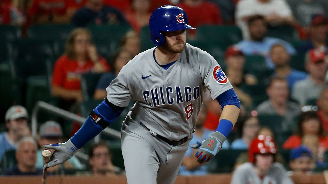 ST. LOUIS, MO - JULY 20: Ian Happ #8 of the Chicago Cubs hits a two RBI double during the ninth inning against the St. Louis Cardinals at Busch Stadium on July 20, 2021 in St. Louis, Missouri.
