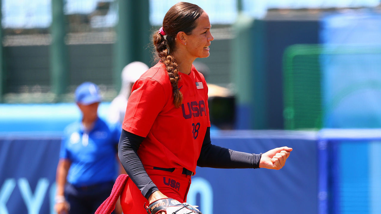 FUKUSHIMA, JAPAN - JULY 21: Pitcher Catherine Osterman #38 of Team United States reacts in the second inning against Team Italy during the Tokyo 2020 Olympic Games at Fukushima Azuma Baseball Stadium on July 21, 2021 in Fukushima, Japan.