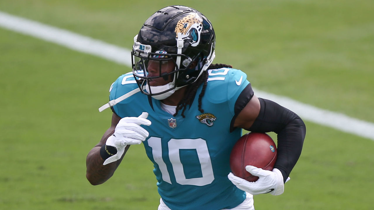 JACKSONVILLE, FL - OCTOBER 18: Jacksonville Jaguars Wide Receiver Laviska Shenault Jr. (10) during the game between the Detroit Lions and the Jacksonville Jaguars on October 18, 2020 at TIAA Bank Field in Jacksonville, Fl.