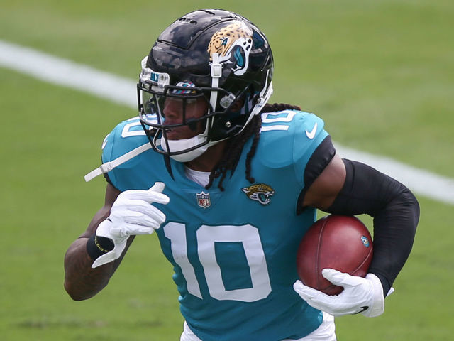JACKSONVILLE, FL - OCTOBER 18: Jacksonville Jaguars Wide Receiver Laviska Shenault Jr. (10) during the game between the Detroit Lions and the Jacksonville Jaguars on October 18, 2020 at TIAA Bank Field in Jacksonville, Fl.