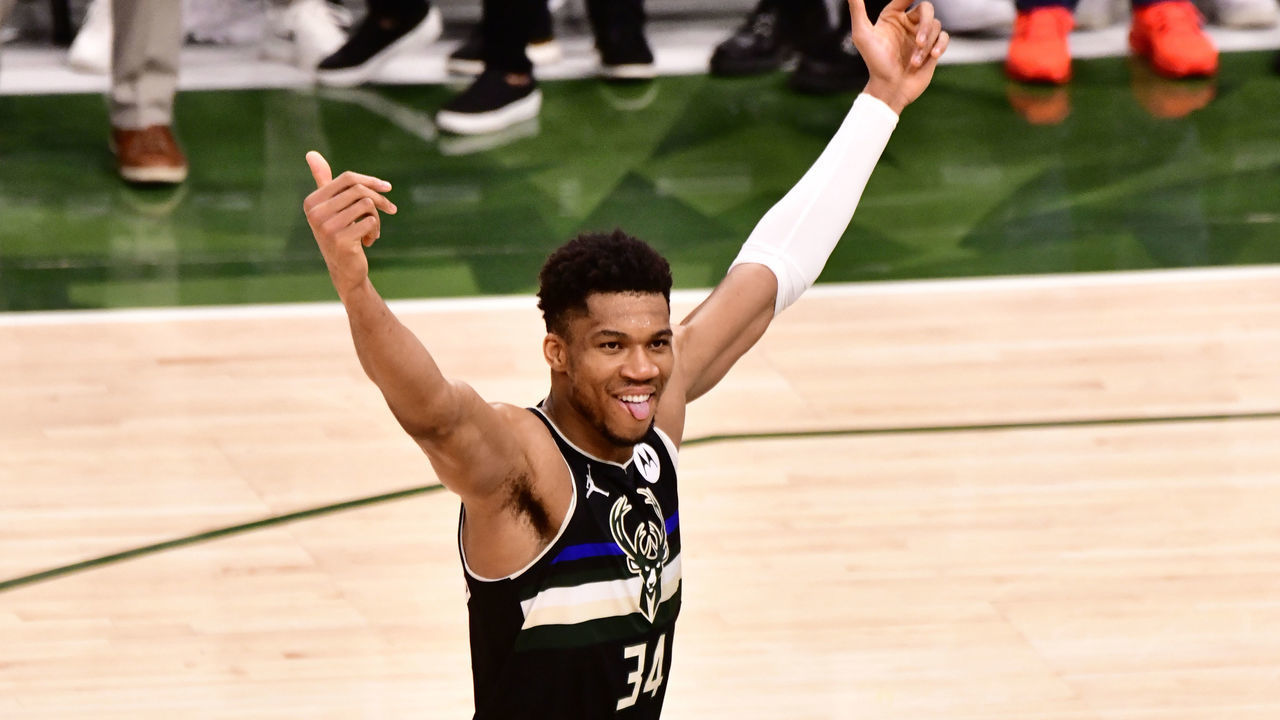 MILWAUKEE, WI - JULY 20: Giannis Antetokounmpo #34 of the Milwaukee Bucks celebrates after defeating the Phoenix Suns in Game Six to win the 2021 NBA Finals on July 20, 2021 at the Fiserv Forum Center in Milwaukee, Wisconsin. Mandatory Copyright Notice: Copyright 2021 NBAE .