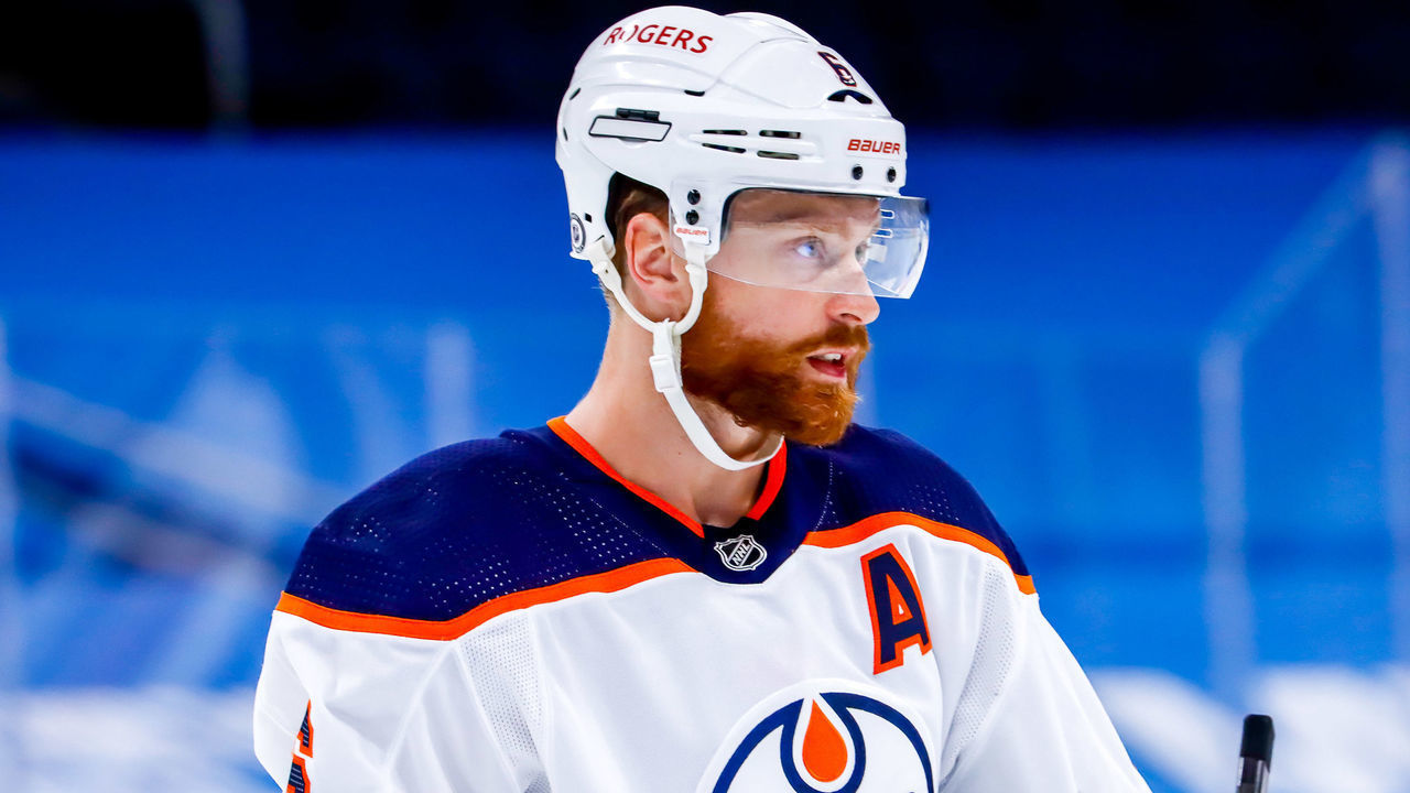 WINNIPEG, MB - APRIL 26: Adam Larsson #6 of the Edmonton Oilers looks on during a second period stoppage in play against the Winnipeg Jets at the Bell MTS Place on April 26, 2021 in Winnipeg, Manitoba, Canada.