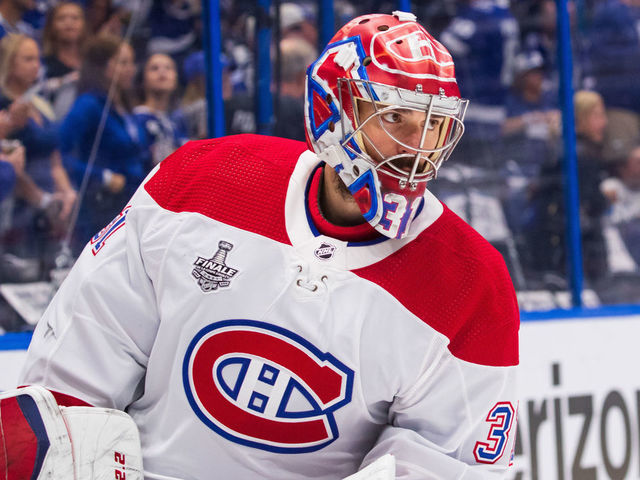 TAMPA, FL - JULY 7: Goalie Carey Price #31 of the Montreal Canadiens during pregame warm ups against the Tampa Bay Lightning prior to Game Five of the Stanley Cup Final of the 2021 Stanley Cup Playoffs at Amalie Arena on July 7, 2021 in Tampa, Florida.