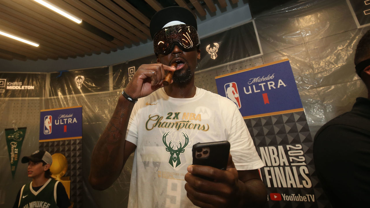 MILWAUKEE, WI - JULY 20: Bobby Portis #9 of the Milwaukee Bucks celebrates after winning Game Six of the 2021 NBA Finals on July 20, 2021 at the Fiserv Forum in Milwaukee, Wisconsin. Mandatory Copyright Notice: Copyright 2021 NBAE .