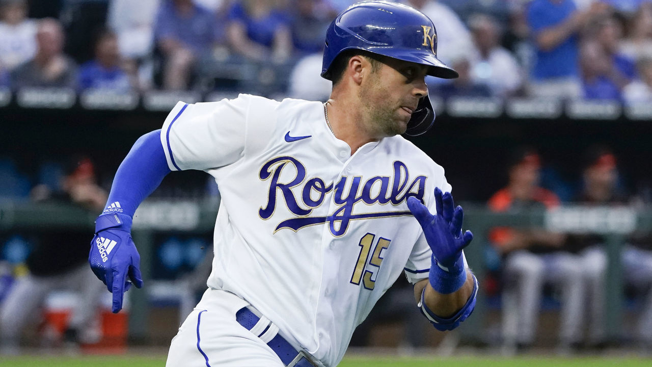 KANSAS CITY, MO - JULY16: Whit Merrifield #15 of the Kansas City Royals runs out a pop fly in the third inning against the Baltimore Orioles at Kauffman Stadium on July 16, 2021 in Kansas City, Missouri.