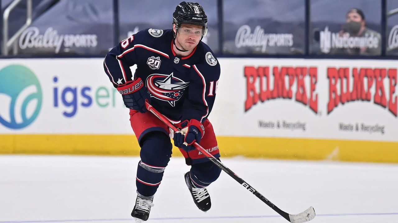 COLUMBUS, OH - MAY 5: Max Domi #16 of the Columbus Blue Jackets skates against the Nashville Predators at Nationwide Arena on May 5, 2021 in Columbus, Ohio.