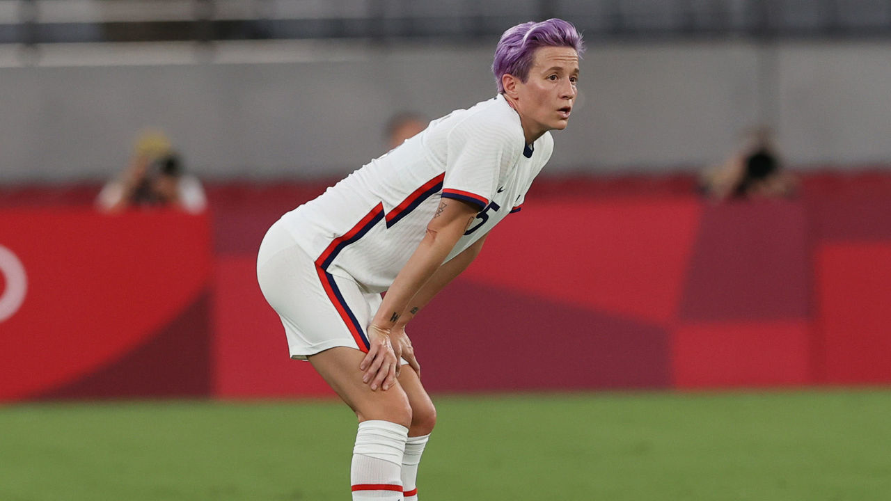 CHOFU, JAPAN - JULY 21: Megan Rapinoe of United States reacts in the Women's First Round Group G match between Sweden and United States during the Tokyo 2020 Olympic Games at Tokyo Stadium on July 21, 2021 in Chofu, Tokyo, Japan.