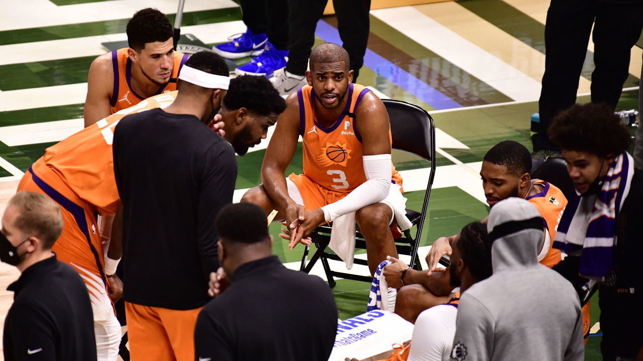 MILWAUKEE, WI - JULY 20: Chris Paul #3 of the Phoenix Suns looks on during the game against the Milwaukee Bucks during Game Six of the 2021 NBA Finals on July 20, 2021 at the Fiserv Forum Center in Milwaukee, Wisconsin. Mandatory Copyright Notice: Copyright 2021 NBAE .
