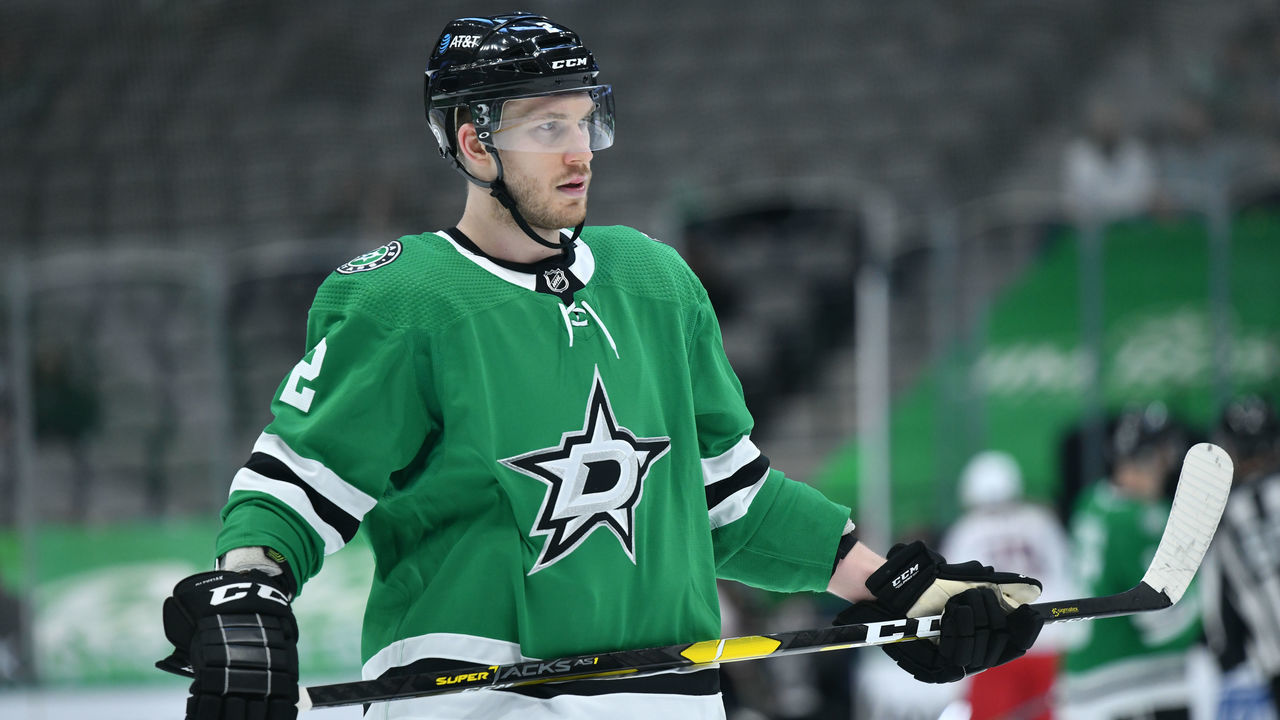 DALLAS, TX - MARCH 4: Jamie Oleksiak #2 of the Dallas Stars skates against the Columbus Blue Jackets at the American Airlines Center on March 4, 2021 in Dallas, Texas.