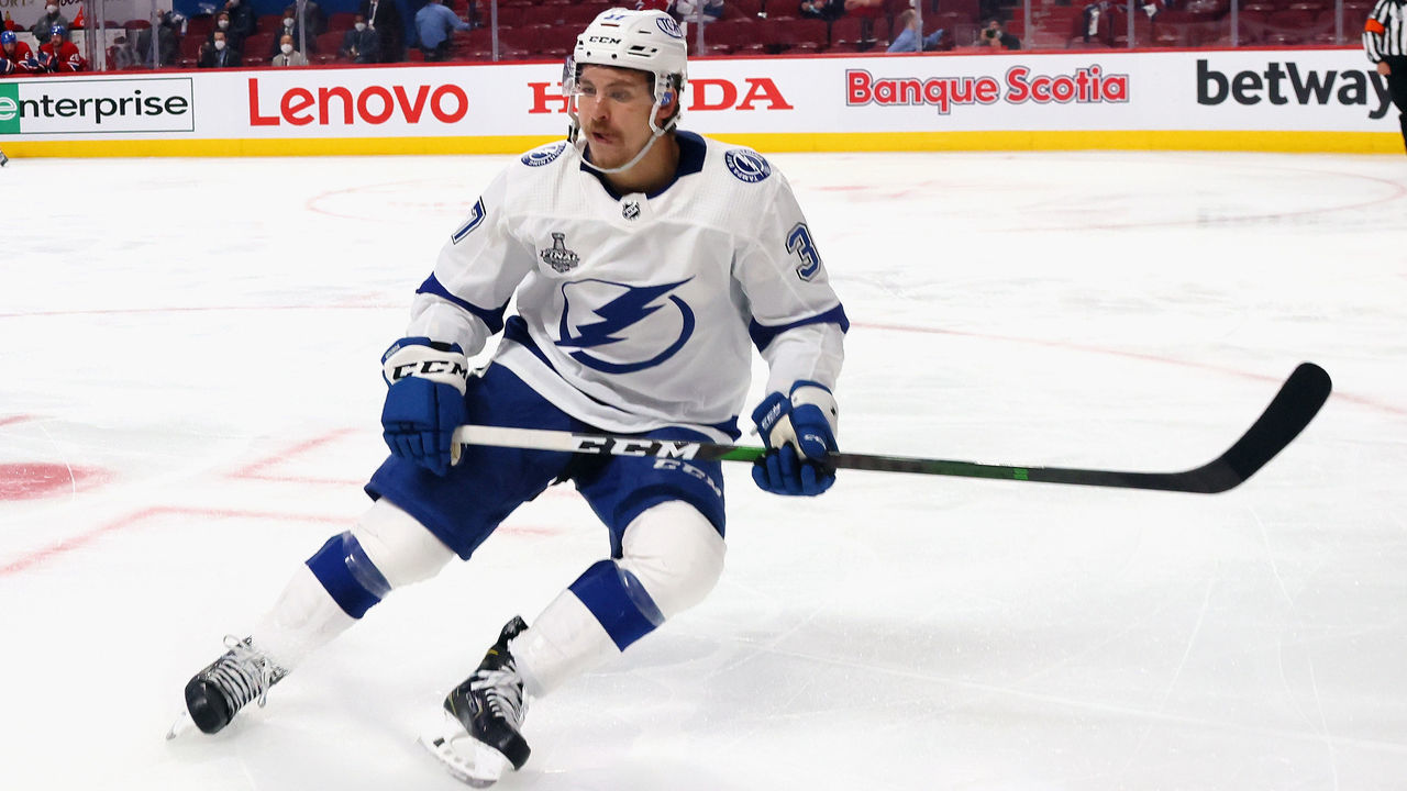 MONTREAL, QUEBEC - JULY 02: Yanni Gourde #37 of the Tampa Bay Lightning skates against the Montreal Canadiens during Game Three of the 2021 NHL Stanley Cup Final at the Bell Centre on July 02, 2021 in Montreal, Quebec, Canada.