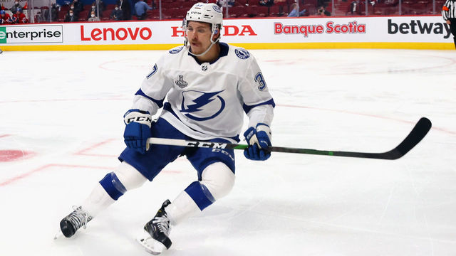 MONTREAL, QUEBEC - JULY 02: Yanni Gourde #37 of the Tampa Bay Lightning skates against the Montreal Canadiens during Game Three of the 2021 NHL Stanley Cup Final at the Bell Centre on July 02, 2021 in Montreal, Quebec, Canada.