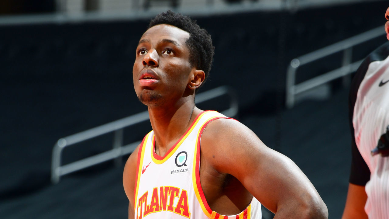 ATLANTA, GA - MAY 13: Onyeka Okongwu #17 of the Atlanta Hawks looks on during the game against the Orlando Magic on May 13, 2021 at State Farm Arena in Atlanta, Georgia. NOTE TO USER: User expressly acknowledges and agrees that, by downloading and/or using this Photograph, user is consenting to the terms and conditions of the Getty Images License Agreement. Mandatory Copyright Notice: Copyright 2021 NBAE