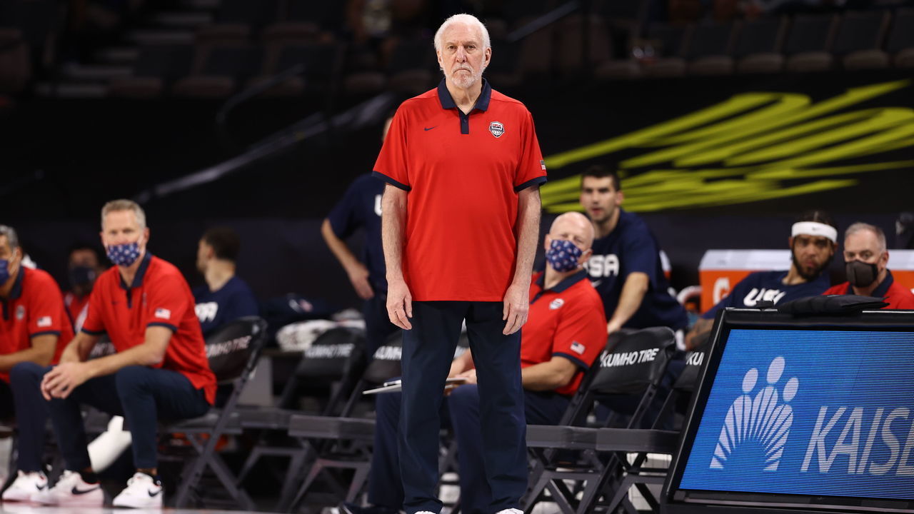 LAS VEGAS, NV - JULY 18: Gregg Popovich Head Coach of the USA Men's National Team looks on during the game against the Spain Men's National Team on July 18, 2021 at Michelob ULTRA Arena in Las Vegas, Nevada. Mandatory Copyright Notice: Copyright 2021 NBAE