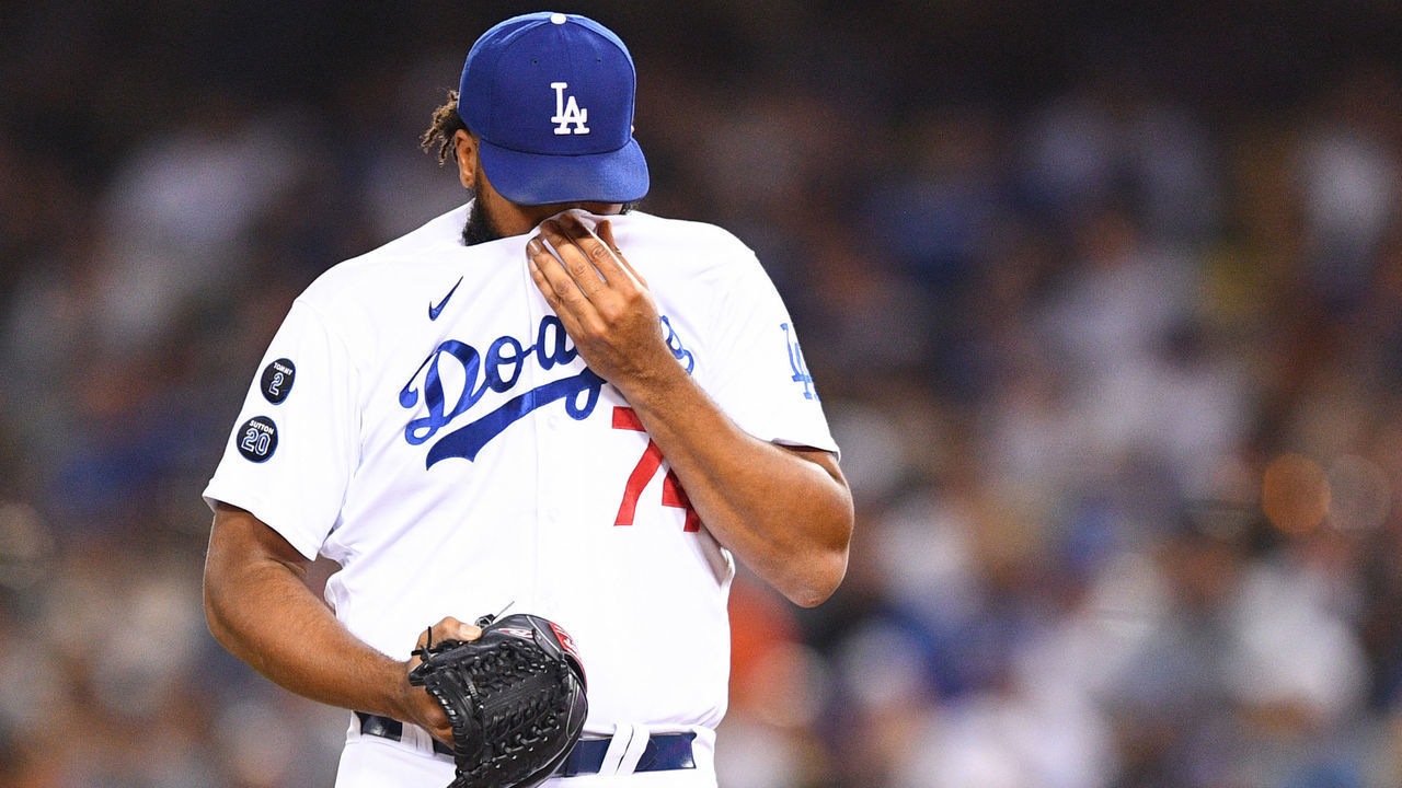 LOS ANGELES, CA - JULY 21: Los Angeles Dodgers pitcher Kenley Jansen (74) looks on after blowing a save during a MLB game between the San Francisco Giants and the Los Angeles Dodgers on July 21, 2021 at Dodger Stadium in Los Angeles, CA.
