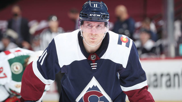 DENVER, COLORADO - MARCH 18: Matt Calvert #11 of the Colorado Avalanche skates against the Minnesota Wild at Ball Arena on March 18, 2021 in Denver, Colorado.