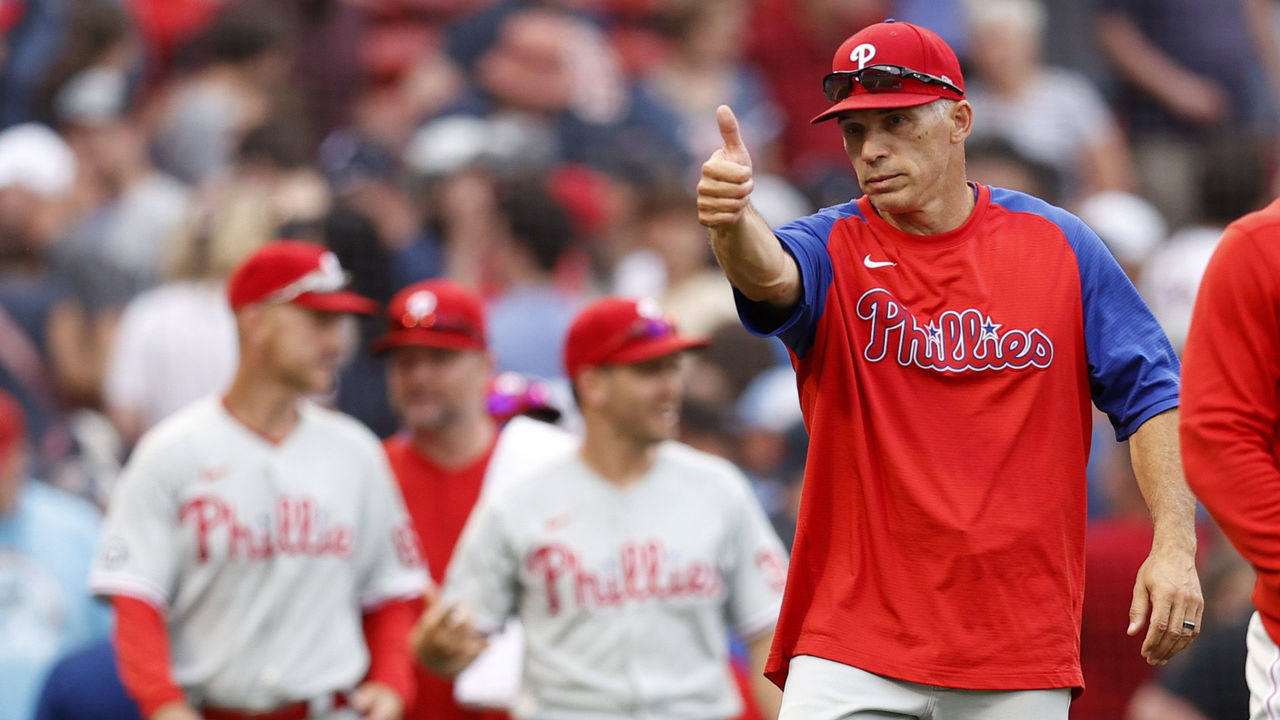 BOSTON, MASSACHUSETTS - JULY 11: Philadelphia Phillies Manager Joe Girardi waves towards the Boston Red Sox dugout following the Phillies 5-4 win over the Red Sox at Fenway Park on July 11, 2021 in Boston, Massachusetts.