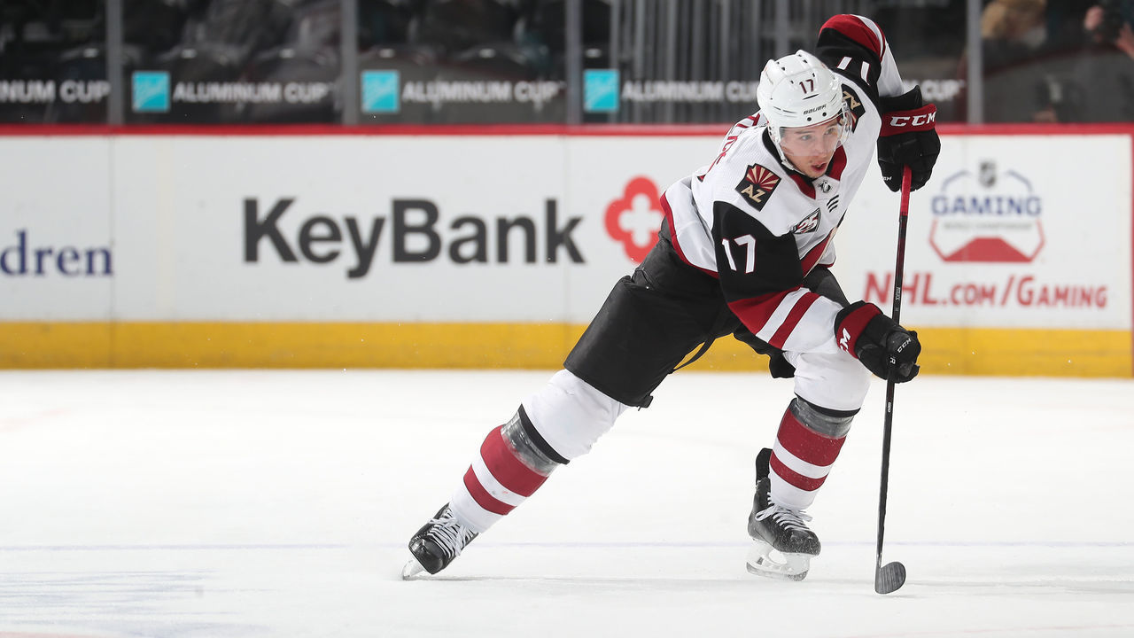 DENVER, COLORADO - APRIL 12: Tyler Pitlick #17 of the Arizona Coyotes skates against the Colorado Avalanche at Ball Arena on April 12, 2021 in Denver, Colorado.