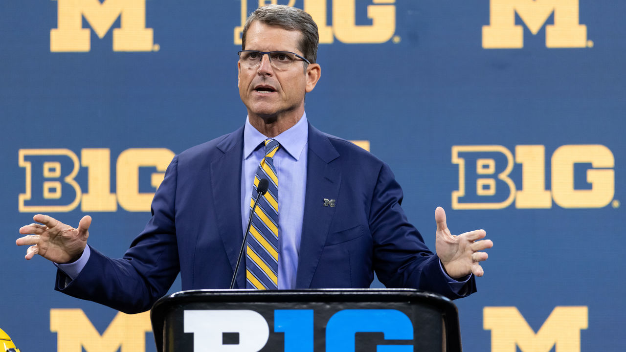 INDIANAPOLIS, IN - JULY 22: Jim Harbaugh, head coach of the Michigan Wolverines speaks during the Big Ten Football Media Days at Lucas Oil Stadium on July 22, 2021 in Indianapolis, Indiana.