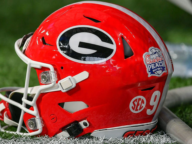 ATLANTA, GA JANUARY 01: Georgia football helmet during the Chick-fil-A Peach Bowl between the Cincinnati Bearcats and the Georgia Bulldogs on January 1st, 2021 at Mercedes-Benz Stadium in Atlanta, GA.