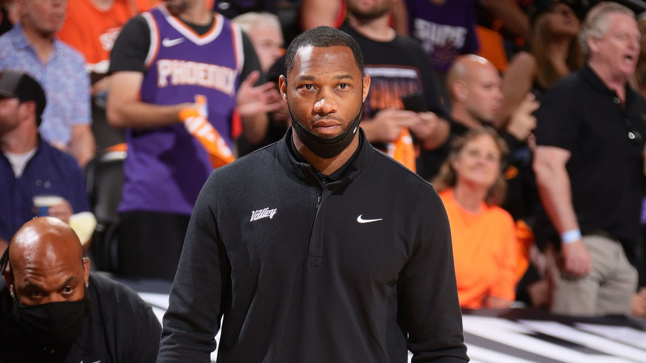 PHOENIX, AZ - July 6: Assistant Coach, Willie Green of the Phoenix Suns looks on during Game One of the 2021 NBA Finals on July 6, 2021 at Talking Stick Resort Arena in Phoenix, Arizona. Mandatory Copyright Notice: Copyright 2021 NBAE