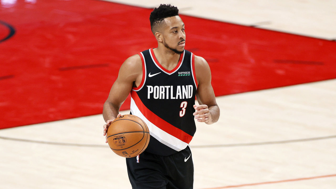 PORTLAND, OREGON - MAY 29: CJ McCollum #3 of the Portland Trail Blazers dribbles against the Denver Nuggets during Round 1, Game 4 of the 2021 NBA Playoffs at Moda Center on May 29, 2021 in Portland, Oregon.