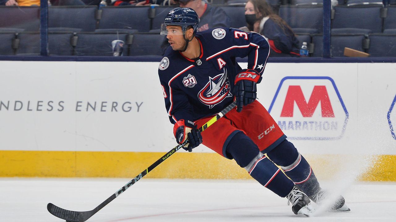 COLUMBUS, OH - MAY 5: Seth Jones #3 of the Columbus Blue Jackets skates with the puck during the third period of a game against the Nashville Predators at Nationwide Arena on May 5, 2021 in Columbus, Ohio.