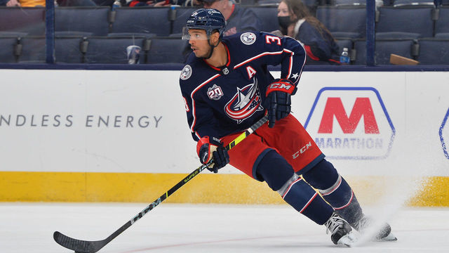 COLUMBUS, OH - MAY 5: Seth Jones #3 of the Columbus Blue Jackets skates with the puck during the third period of a game against the Nashville Predators at Nationwide Arena on May 5, 2021 in Columbus, Ohio.