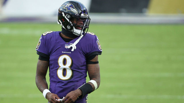 BALTIMORE, MARYLAND - DECEMBER 27: Quarterback Lamar Jackson #8 of the Baltimore Ravens looks on during the fourth quarter against the New York Giants at M&T Bank Stadium on December 27, 2020 in Baltimore, Maryland.