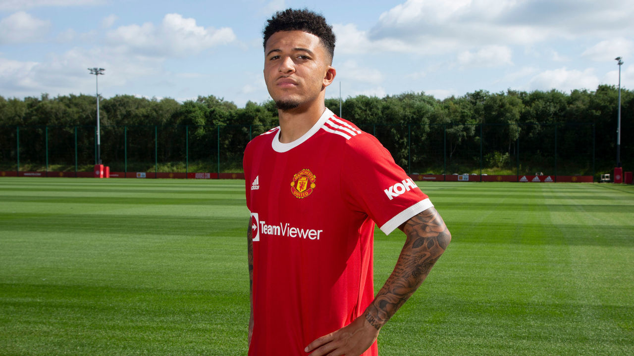 MANCHESTER, ENGLAND - JULY 23: New signing Jadon Sancho of Manchester United is unveiled at Carrington Training Ground on July 23, 2021 in Manchester, England.
